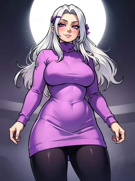 high_aesthetic,art by Lazorchef, ((Masterpiece, best quality, perfect lighting, amazing shading)), perfect anatomy, field of depth, extremely beautiful, long silver hair, hair ribbons, purple eyes, (turtleneck) sweater dress, leggings, cute smile, blushing...