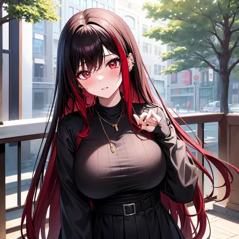 anime panel,upper body, 1girl,solo Korean, long black curly hair with red highlights, red slanted eyes, casual clothes, ear piercing, necklace, medium breasts,hair illuminated by 
 Sunlight, park background, long chic dress,very surprise expression,blushin...