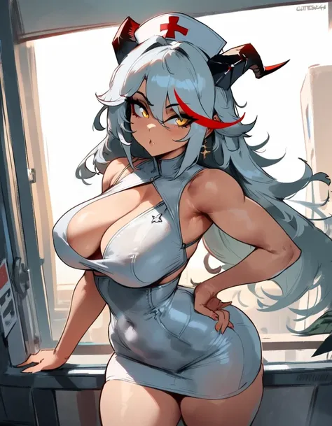 1girl, aegir (azur lane), azur lane  masterpiece, best quality, very aesthetic, absurdres, newest  sportive body, perfect breasts  by nyantcha,,by cutesexyrobutts,by khyle ///// silvery white hair with a single prominent red streak, black horns, yellow eye...