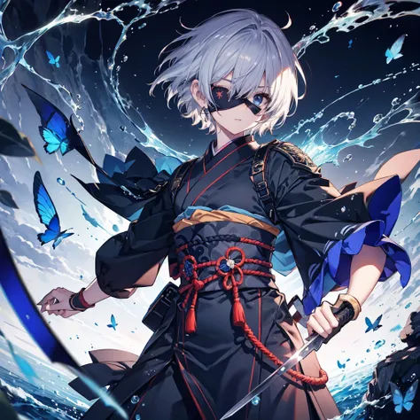 (((1 person　Put on an eye patch　Gray Hair)))　((High resolution　short hair　Black kimono　Shoulder　Rin々Funny face　knifeを胸の前で構える))　((Black Band　samurai　Lonely　despair　blue eyes　Close-up))　((Blue Butterfly　night　Japanese style　old　Shining Aura　garden　water surf...