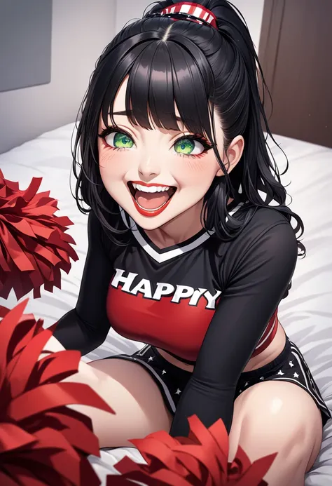 detailed illustration (side view),dynamic angle, ultra-detailed, illustration, 1girl, black hair, red lips, cheerleader, goth, green eyes, bright eyes, detailed eyes, sitting on bed, bedroom, blush, flush, smirking, laughing, happy, horny,