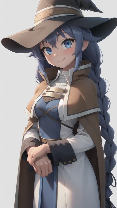 roxy migurdia, full naked, 1girl, bangs, blue eyes, blue hair, blush, braid, brown cape, brown capelet, big breasts (natural),brown headwear, cape, capelet, collared shirt, crossed bangs, dress, hair between eyes, hat, long braid, long hair, long sleeves, ...