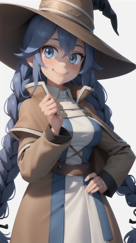 roxy migurdia, full naked, 1girl, bangs, blue eyes, blue hair, blush, braid, brown cape, brown capelet, big breasts (natural),brown headwear, cape, capelet, collared shirt, crossed bangs, dress, hair between eyes, hat, long braid, long hair, long sleeves, ...