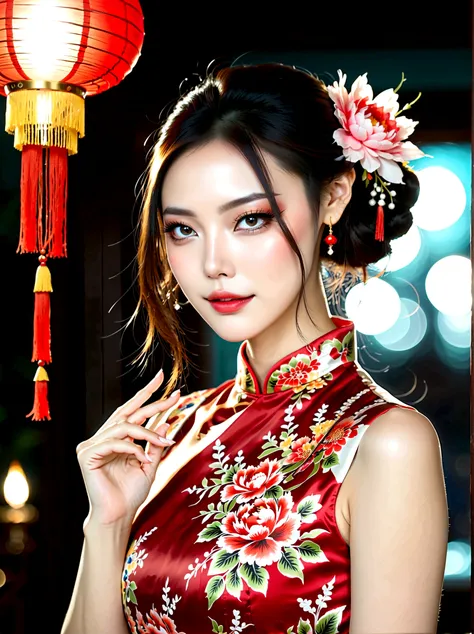 (bare shoulders:0.6),full body,cheongsam,(glowing ambiance, enchanting radiance, luminous lighting, ethereal atmosphere, mesmeri...