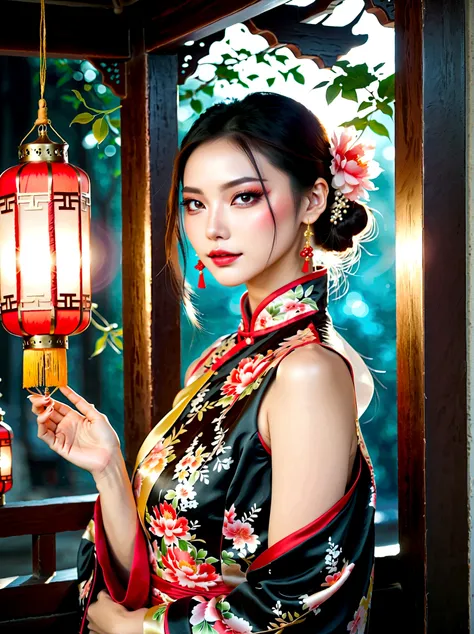 (bare shoulders:0.6),full body,cheongsam,(glowing ambiance, enchanting radiance, luminous lighting, ethereal atmosphere, mesmeri...