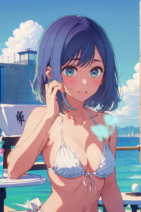 (Highest quality:1.4、8K:1.4、detailed)、F cup bust、Big Breasts、Slim body、Very white beautiful skin、((((1 person、Surprised expression、sit、Chair、In the background are the urban buildings of Tokyo、looking at the camera、Outdoor café terrace、coastal、Navy hair col...