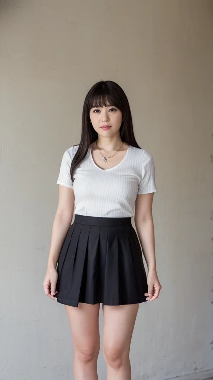 (((8k、High resolution、highest quality、High resolution)))alone、Natural body shape、White skin、Natural Makeup、Black Hair、bangs、 Long Hair、(Big Breasts),Looking at the camera、outdoor,(Business look), ((teacher)), White ribbed short sleeve V-neck, Formal blue t...