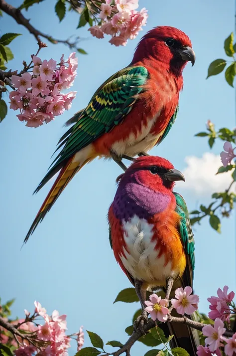 colorful bird perched on a branch of a tree with green red and lilac flowers , beautiful and , birds beautiful color, bird with a long, colorful hd photo,