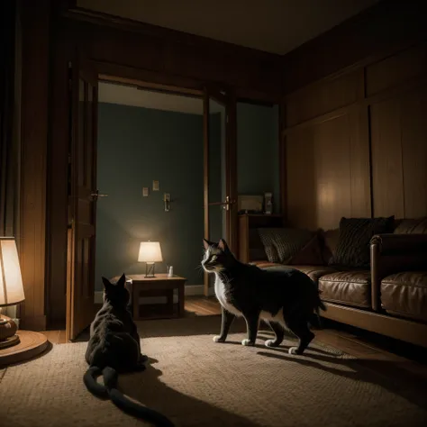 a smaling family pating his cat in home, The scene should be realistic, with intricate details and dynamic, volumetric lighting. Deep colors and hyper-detailed textures should be used to enhance the overall composition. The image should be in a wide-screen...