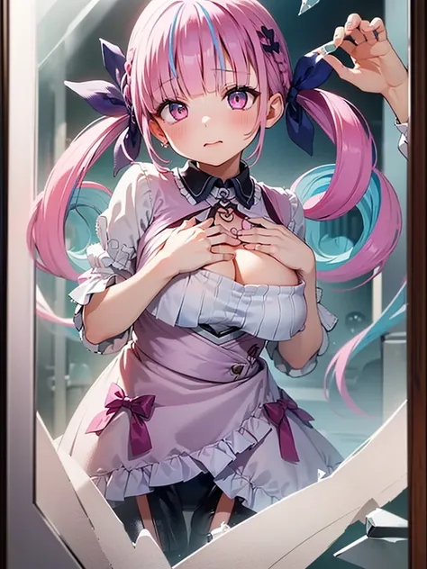 Ultra-high resolution,masterpiece, Attention to detail, Highest quality, 4K,(Pink Twintails、Blue ribbon),(heavy chest,Captivating body、Ultra-detailed skin、Beautiful eyes、Detailed Background),1 girl、(Ahegao,Eyes are hearts,How),(Peering into the glass、press...