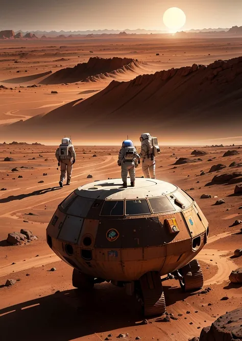 Create an inspiring painting of three astronauts arriving on Mars in a sleek, futuristic spaceship. The scene depicts the moment the spacecraft has just landed on the Martian surface. The astronauts are seen exiting the spacecraft, their suits reflecting t...