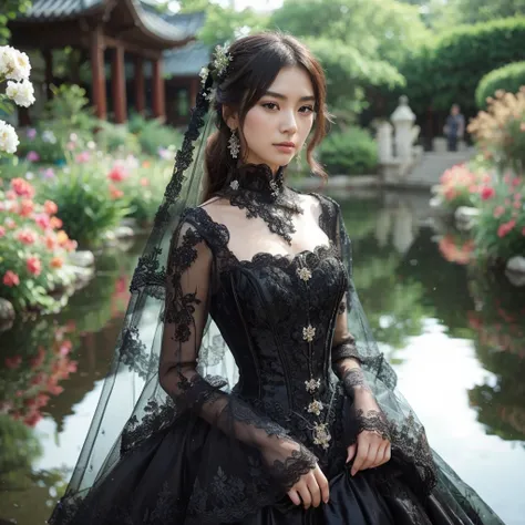 a beautiful Chinese girl wearing an elegant black Countess Bustle Dress, standing by a tranquil pond, detailed facial features, delicate makeup, long flowing hair, graceful posture, serene expression, lush green foliage and flowers surrounding the pond, re...