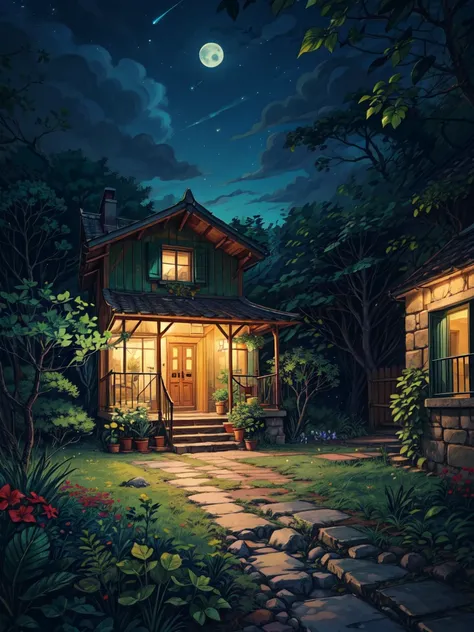 front view, a beautiful cottage, red car parked outside, moon, yellow Bougainville flowers, lush green tree branches, dim light of lit windows, stone path, green long grass, dark blue sky, stars, plant pots with tropical plants, light shine on part of foli...