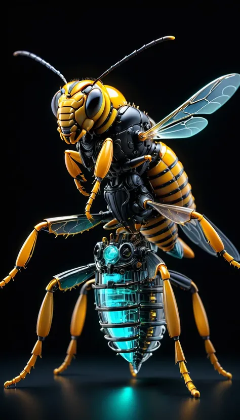 whole body, Against an all-black background, The fusion of biology and machines, Transparent Mechanical Giant Hornet, Complex and precise internal structure, Glowing neon lamp