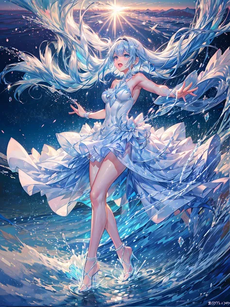 One beautiful woman、beautiful、Diva、Sing with your mouth wide open、laughing、Hands outstretched、Transparent light blue hair、Crystal-like hair、Blue eyes that shine like jewels、The wind is blowing、Flowing Hair、White Dress、On the Sea、water surface、water pattern...