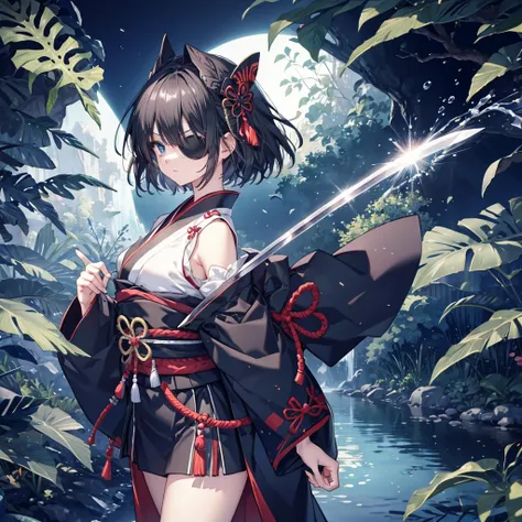 (((1 person　Put on an eye patch　Black and white hair)))　((High resolution　short hair　Black kimono　Shoulder　Rin々Funny face　knifeを胸の前で構える))　((Black Band　samurai　Lonely　despair　blue eyes　Close-up))　((Blue Butterfly　night　Japanese style　old　Shining Aura　garden...