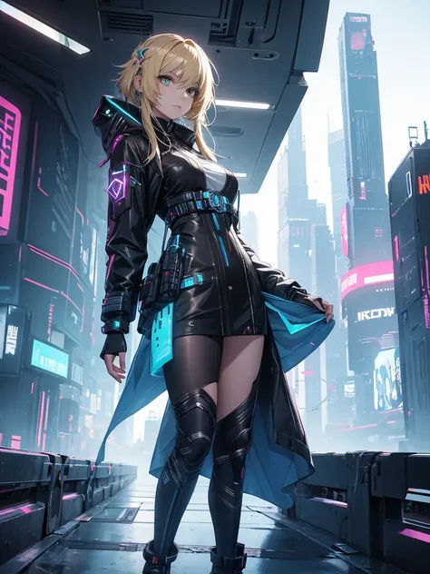 Lumine, 1women, wearing a futuristic outfit, cyberpunk outfit, at a future city, cyberpunk look, blonde colour hair, 8k, high detailed, high quality
