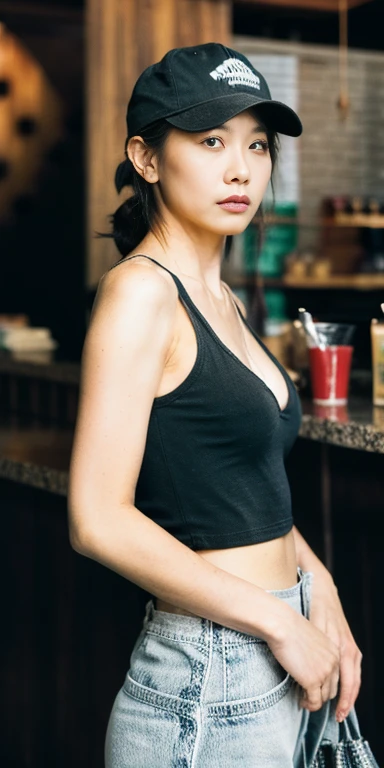 summer，hot，lazy afternoon，full body portrait，original photo，sexy girl working at the counter at starbucks，beautiful face，(((full...