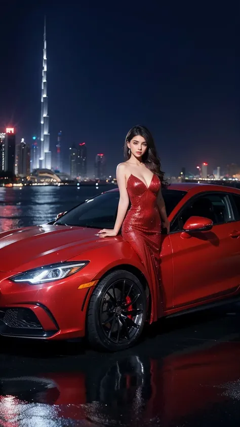 Dubai Millionaire, super car, rich people , Beautiful, attracting all eyes, smile a little, At night the sky is dark., Red sparkling glitter dress, Aarav Theme Set, Chest 34 inches, Medium bust, Rich people&#39;s fashion