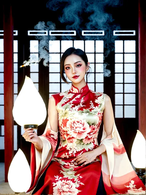 (bare shoulders:0.6),full body,cheongsam,(glowing ambiance, enchanting radiance, luminous lighting, ethereal atmosphere, mesmeri...