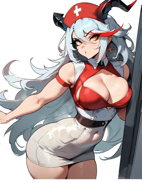 1girl, aegir (azur lane), azur lane  masterpiece, best quality, very aesthetic, absurdres, newest  sportive body, perfect breasts  by nyantcha,,by cutesexyrobutts,by khyle ///// silvery white hair with a single prominent red streak, black horns, yellow eye...