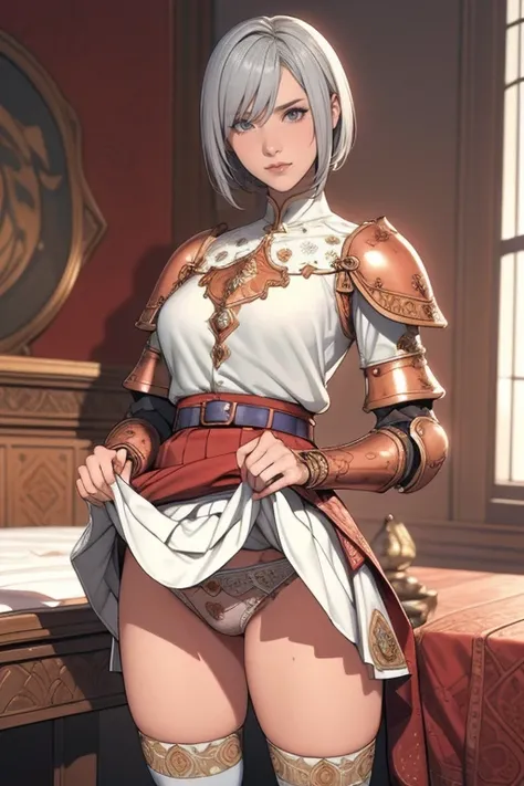 {best quality}, {very aesthetic}, {ultra-detailed}, {best illustration}, masterpiece,(((skirt lift:1.5))),((show off polka dots micro panties)),((Holy Knight)), ((Armor made from red copper))、((((Extremely detailed and intricately decorated armour:1.1)))),...