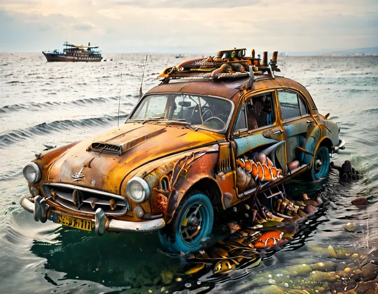 voiture sous l'eau, rouille, recouvert par des alges, au fond de la mer, voiture des années 50, avec des poissons qui nagent aut...