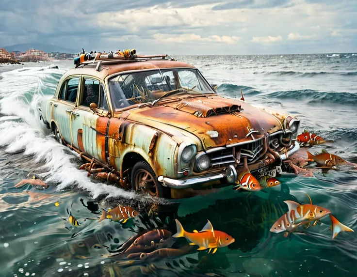 voiture sous l'eau, rouille, recouvert par des alges, au fond de la mer, voiture des années 50, avec des poissons qui nagent aut...