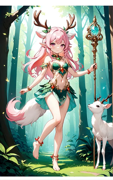 game character，Cartoon anime style，beautiful girl，Cute expression，Fluffy pink hair，Pink Eyes，Cute pink deer antlers，Elf ears，Orange tulle short skirt，Metal gem-encrusted scepter glows，Slender legs，Standing barefoot，Bells on anklets。(((Correct human anatomy...