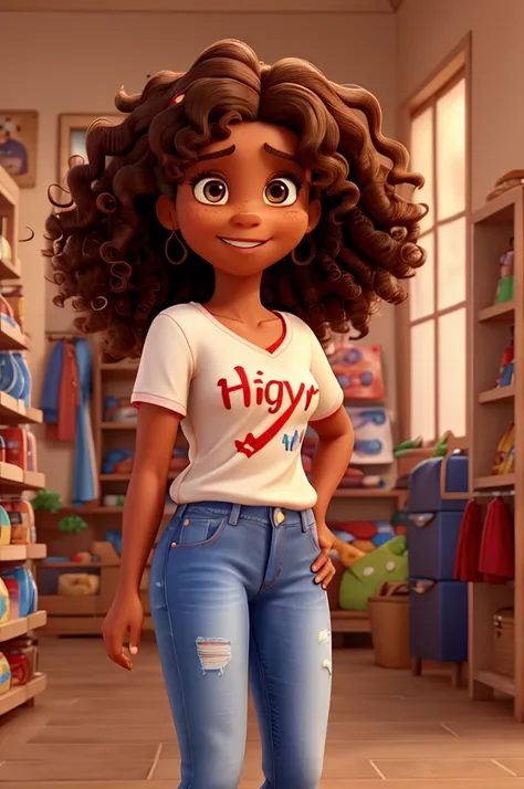 disney pixar style, 3d realistic photo, 40 year old woman, light brown skin, curly dark brown shoulder length hair, black eyes, happy facial expression, with white shirt written in red "Rizan Store", jeans and red shoes