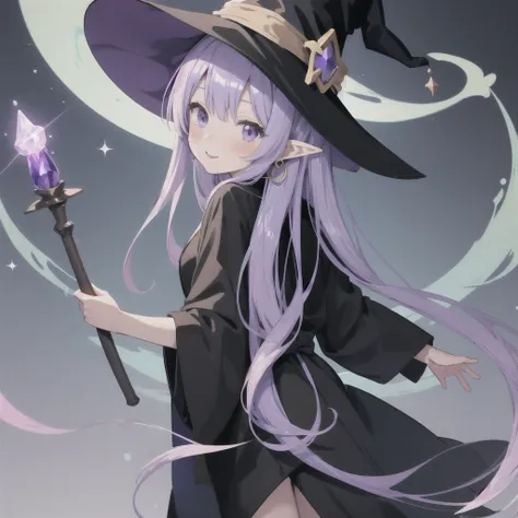 anime girl long purple hair wearing a black Robe. she has pointy ears. Witch Hat. Manga kawaii. iridescent ,An illustration, 0ne person .look back