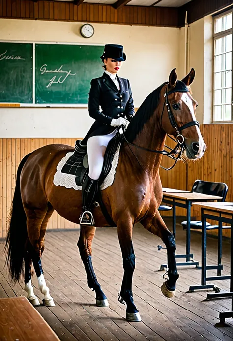 Mixture between dressage rider and dominatrix in a classroom without a horse