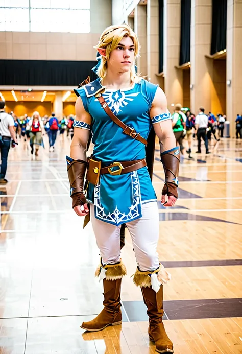 an attractive 20 year old American male, muscular, standing in convention hall, wearing botw Link Cosplay, blond hair, white skin, full body shot