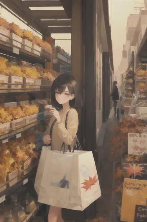 art by Cornflower, dreamy,
(1 girl, faint smile, autumn, autumn fashion, warm colors, shopping, detailed background)  