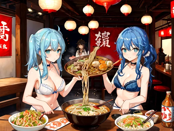 hamburger、Fried Shrimp、Deep fried oysters、ramen、dumpling、Shredded green pepper meat、Fried rice、steak、Japanese sake、Beer 、Three sisters in underwear eat heartily、A thin cute blue bra、Thin cute blue underwear