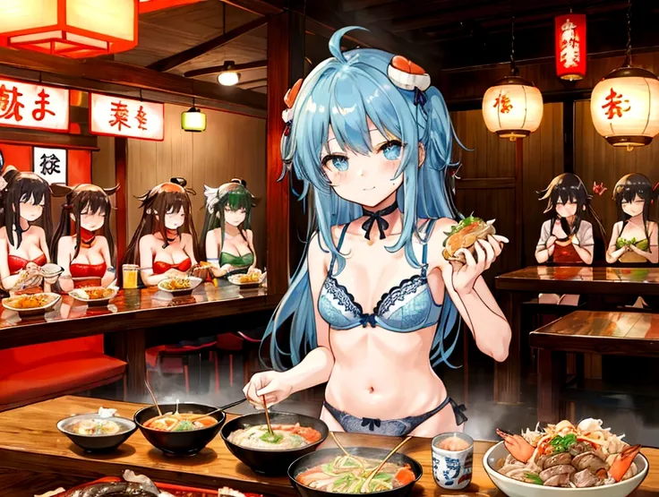 hamburger、Fried Shrimp、Deep fried oysters、ramen、dumpling、Shredded green pepper meat、Fried rice、steak、Japanese sake、Beer 、Three sisters in underwear eat heartily、A thin cute blue bra、Thin cute blue underwear