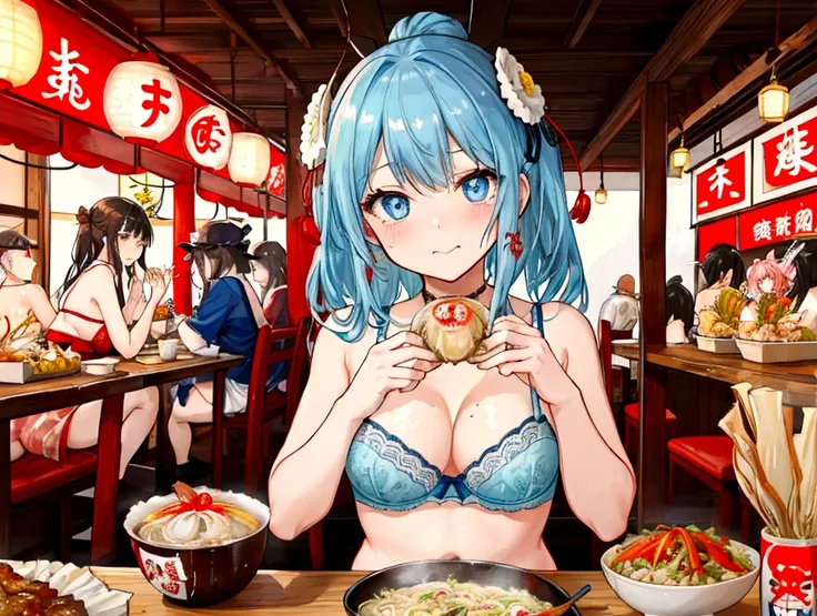 hamburger、Fried Shrimp、Deep fried oysters、ramen、dumpling、Shredded green pepper meat、Fried rice、steak、Japanese sake、Beer 、Three sisters in underwear eat heartily、A thin cute blue bra、Thin cute blue underwear