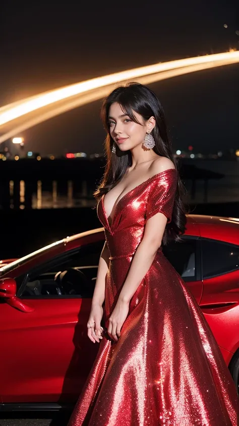 Dubai Millionaire, super car, rich people , Beautiful, attracting all eyes, smile a little, At night the sky is dark., Red sparkling glitter dress, Aarav Theme Set, Chest 34 inches, Medium bust, Rich people&#39;s fashion, short hair