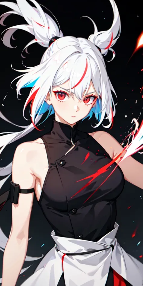 1girl, white hair, multicolored hair, red eyes, (ninja) , light particles, wallpaper,