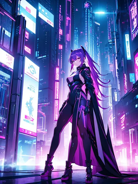 keqing, 1women, wearing a futuristic outfit, cyberpunk outfit, at a future city, cyberpunk look, purple colour hair, 8k, high de...