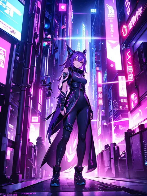 keqing, 1women, wearing a futuristic outfit, cyberpunk outfit, at a future city, cyberpunk look, purple colour hair, 8k, high de...