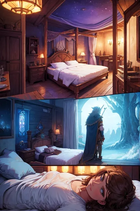 fantasy deep night, bedroom in a fantasy tavern, night in bedroom