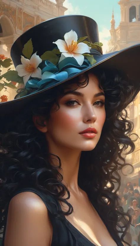 transform a beautiful sicilian woman face wearing ladys high hat, a messy black curly hair, hyperrealistic illustration, creative and innovation digital artwork, skin, magical grunge fantasy, medium wide, highly detail, unreal engine, greg rutkowski, loish...