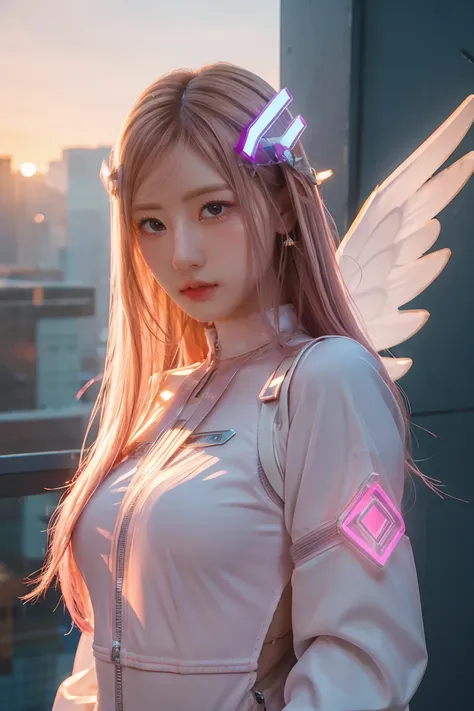 ((masterpiece, best quality, extremely detailed), volumetric lighting, ambient occlusion, colorful, glowing), 
1girl, solo, young girl, (pink hair), long hair, halo, aura, sacred, godness, cyber suit, (white outfit:1.3), android, bot, angel wings,
outdoors...