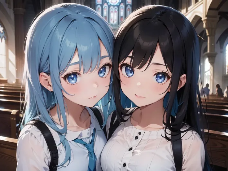 Double shots,(woman,blue hair,bright blue eyes),(man,blue hair,bright blue eyes),detailed face,Detailed background,standing in the middle of the church