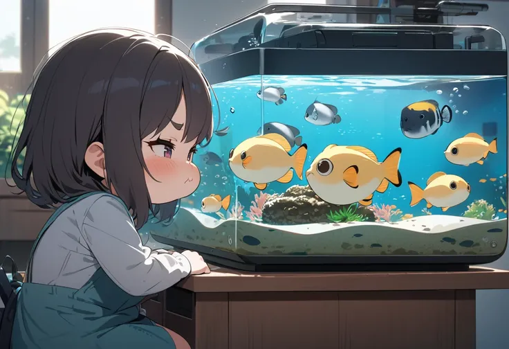 masterpiece, best quality, extremely detailed, anime,  and puffer fish,,((girl is sulky,short girl is puffy cheeks)), fish tank, puffy puffer fish, girl watching puffer fish,side view,