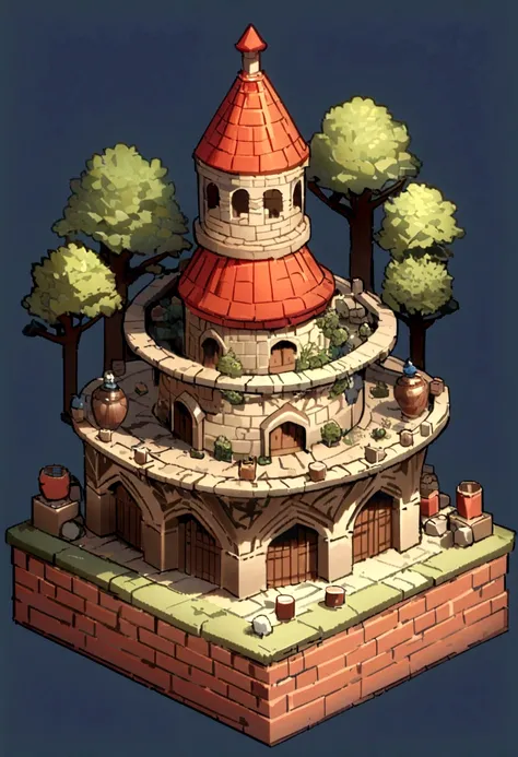 absurdres, best quality, fantasy, isometric, knolling style of (miniature brick round tower:1.2), tree, stone wall, (simple background:1.2)