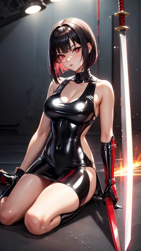 solo girl,Glossy metalic light silver tank top, tight latex shiny, Red interpolation color,Black hair bob,red eyes, camel toe, Samurai Sword,
Lift one leg, sexy lady,, naked girl,