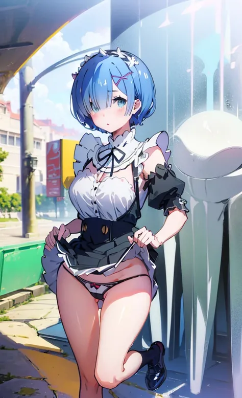 M-shaped legs、Maid clothes、、Lift up your skirt、M-shaped legs、、Showing panties、Blushing、I can see her panties、Pull up your skirt、Blushing、Blue Hair