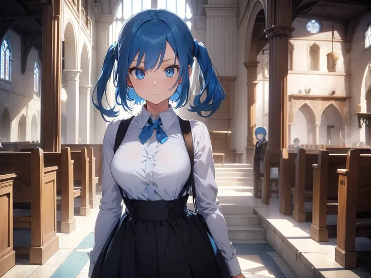 (woman,blue hair,bright blue eyes),(man,handsome,blue hair,bright blue eyes),detailed face,Detailed background,standing in the middle of the church